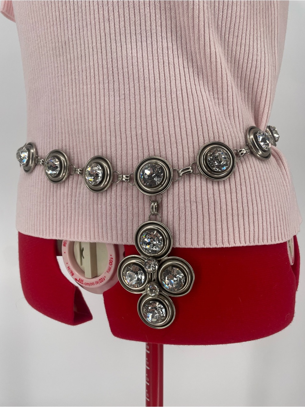Vintage Chunky Silver Tone Rhinestone Chain Belt Cross Charm Alternative Style